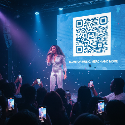 ANAYA  singing on stage at a performance. She is surrounded by her core fans holding up phones taking pictures. She has the QR code for her ENKORE website, where fans can by music downloads, tickets to her events, merchandise and more. (AI generated ) Visit enkoremusic.africa for more info.